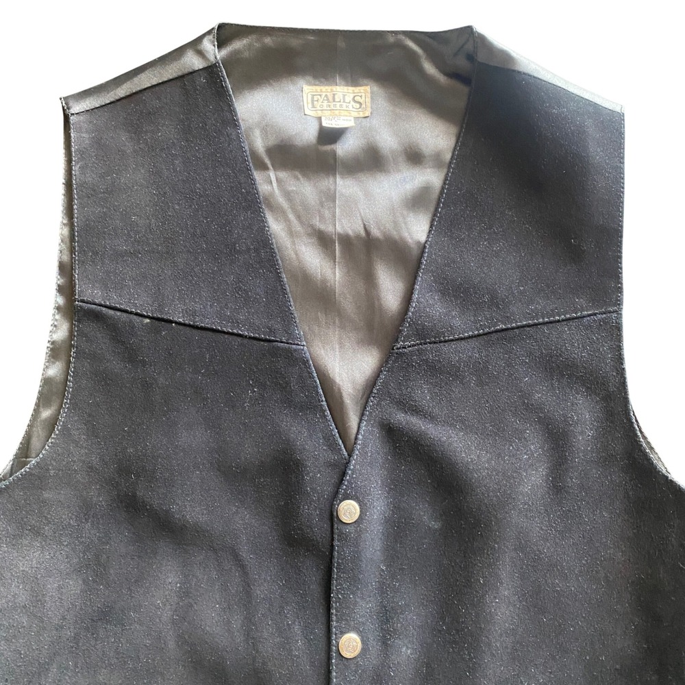 Falls Creek Vest Large Black Suede Leather Western Cowboy Cinch Back Vintage - Picture 6 of 9